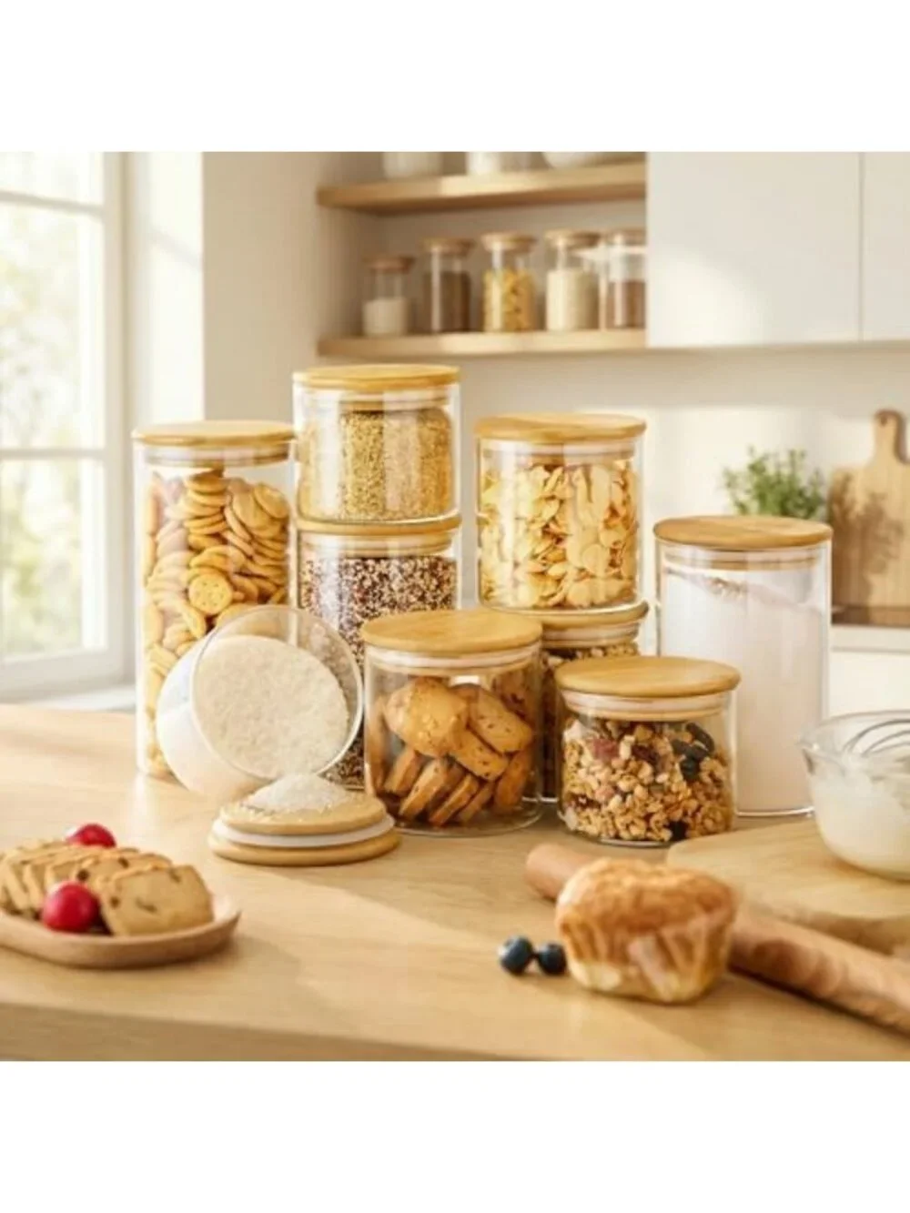4-Pack 53 oz Round Glass Food Storage Containers with Airtight Bamboo Lids